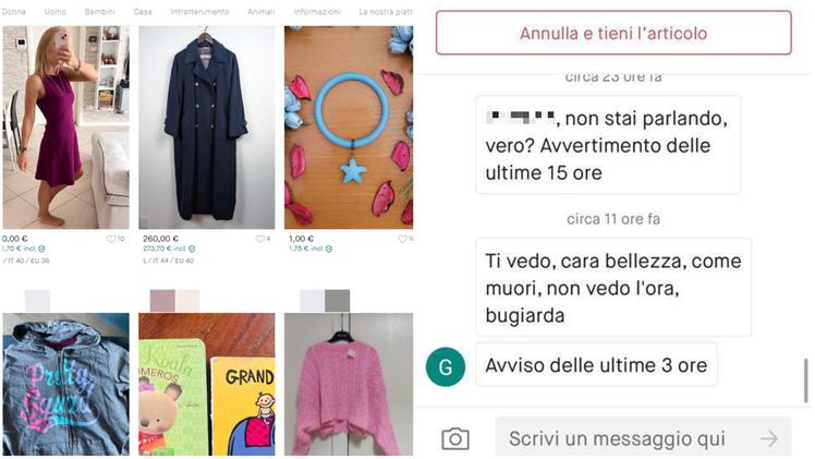 Una schermata della piattaforma per la vendita di abiti usati e le minacce del venditore alla 22enne veronese