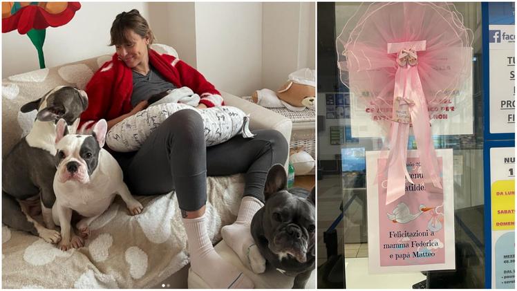 La dolce immagine casalinga postata da federica Pellegrini su Instagram. A destra, il fiocco rosa appeso al Centro Federale