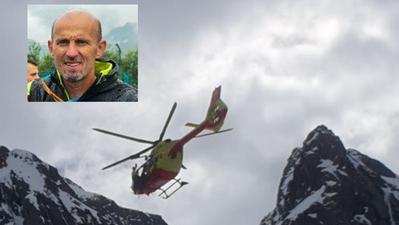 L'elicottero sorvola il luogo del tragico incidente in cui ha perso la vita Bassi (nella foto)