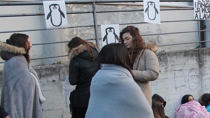 Tutti fuori ieri mattina: gli studenti del Battisti hanno scioperato e marciato in corteo per la cittadinaI pinguini sono la «mascotte» dei ragazzi esasperati dal freddo