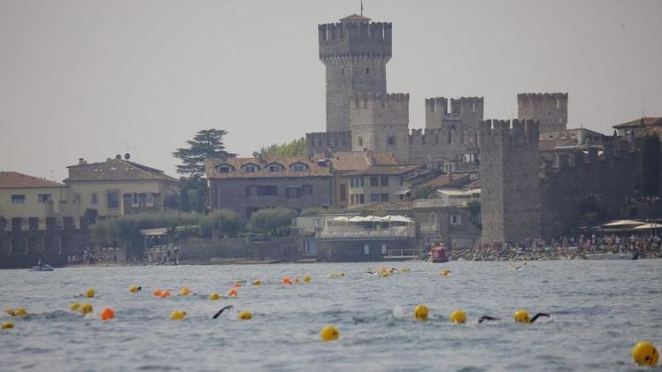 Gli atleti in acqua sfilano davanti al castello di SirmioneIn acqua tra i più piccoli anche una bambina di nove anniTre le lunghezze delle gare: 800,1800 e la più faticosa 3.200 metri