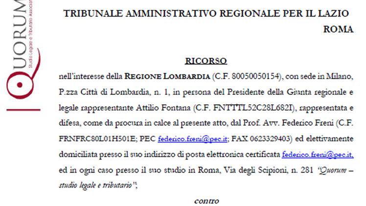 Il ricorso presentato da Regione Lombardia al  Tar del  Lazio