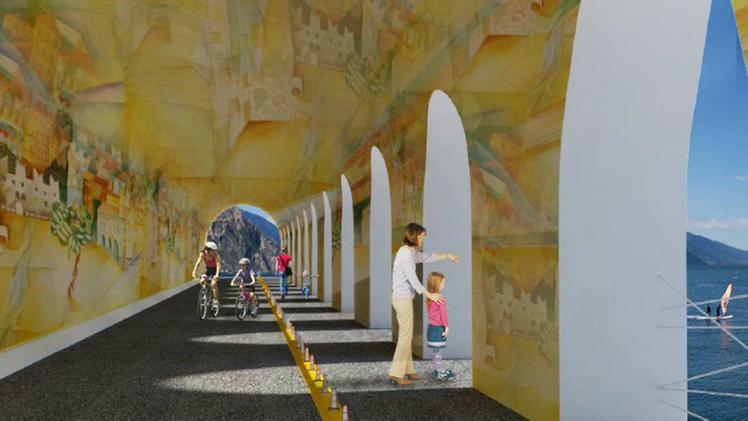 Un rendering del futuro prolungamento della pista ciclabile di Limone in territorio Trentino: l’opera vedrà la luce entro il 2025
