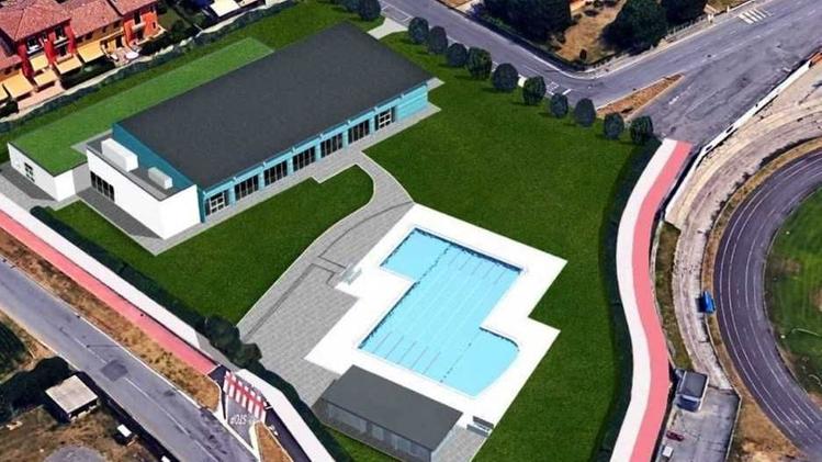 Un  rendering illustra il futuro aspetto della piscina di Ospitaletto: costato tre milioni di euro, l’impianto sarà inaugurato ad ottobre 