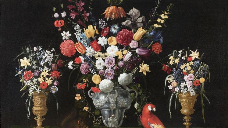 Natura morta con tre vasi di fiori, scoiattolo e pappagallo su un tavolo in vetrina alla Fondazione Zani di Cellatica: il dipinto è databile tra il 1625 e il 1630