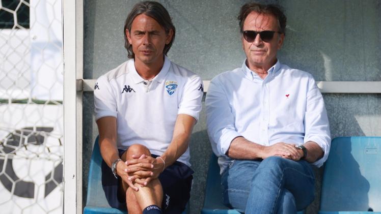L’allenatore biancazzurro Filippo Inzaghi insieme al presidente Massimo Cellino: il tandem che caratterizza il Brescia ha preso vita l’estate scorsa AGENZIA  FOTOLIVE