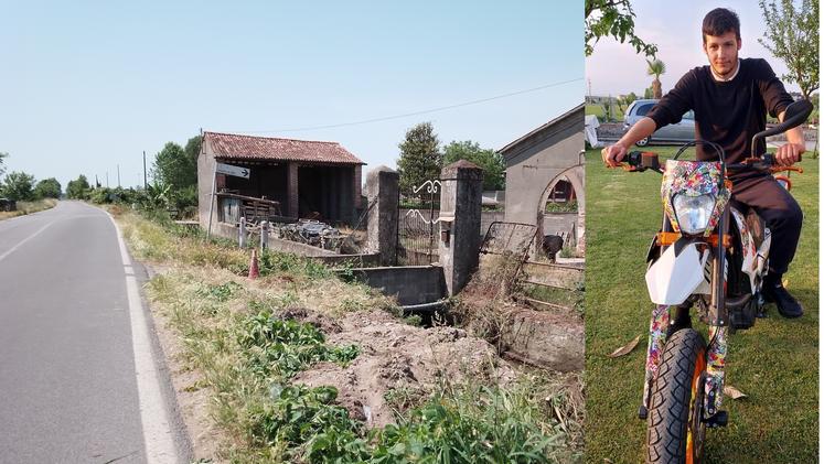 Il luogo dell'incidente a Orzinuovi lungo la strada comunale e, a destra, il giovane Gabriele Poli: aveva solo 20 anni ed era un meccanico che riparava macchine agricole