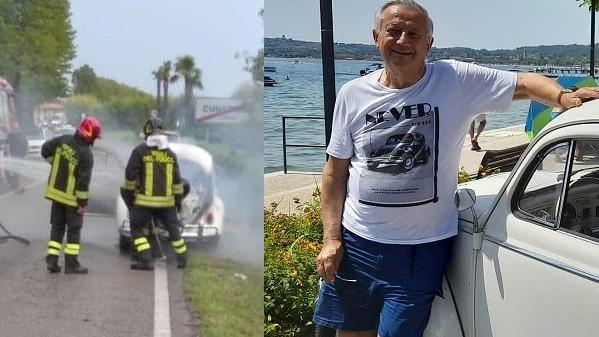 Roberto Pedrini con il «fu» Maggiolino distrutto ieri dall'incendio: a destra l'intervento dei Vigili del fuoco
