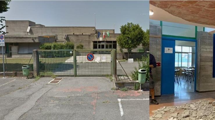 A sinistra, la scuola elementare di Dello; a destra, il crollo in corridoio davanti a un'aula
