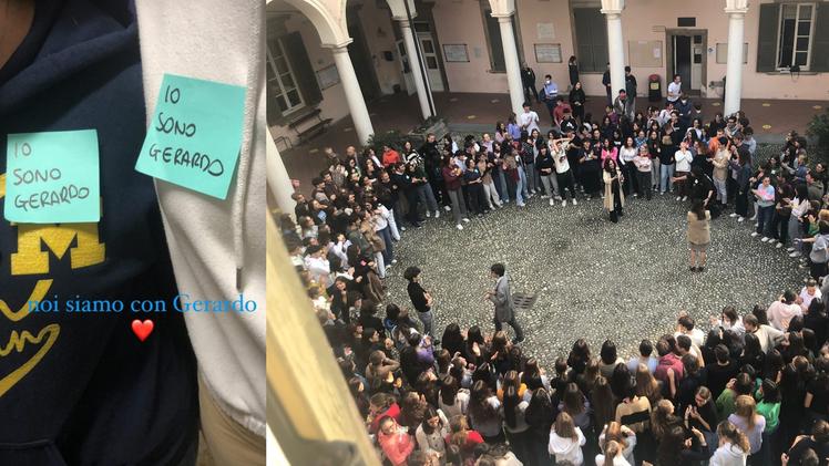 L'assemblea al liceo classico Arnaldo di Brescia 14 ottobre 2022, a sinistra le felpe degli studenti con la scritta "Io sono Gerardo"