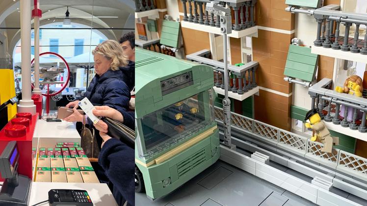 L'amore per i Lego è senza confini: a sinistra il nuovo negozio di Brescia e a destra il Fantozzi in mattoncini di Giorgio Tona