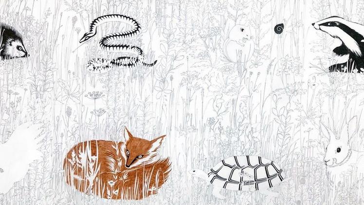 «Animali nel prato» tavola originale di Iela Mari (Milano, 1931 - 2014): china, pennarello e grafite su carta da lucido, l'opera riprende il disegno realizzato inizialmente per un tessuto