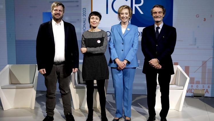 I candidati e le candidate alla presidenza di Regione Lombardia. Da sinistra: Pierfrancesco Majorino, Mara Ghidorzi, Letizia Moratti e Attilio Fontana